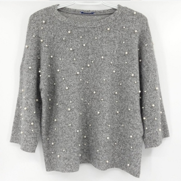 Zara Pearl Embellished Crew Neck Oversized Sweater Size Small in Gray - Picture 4 of 10